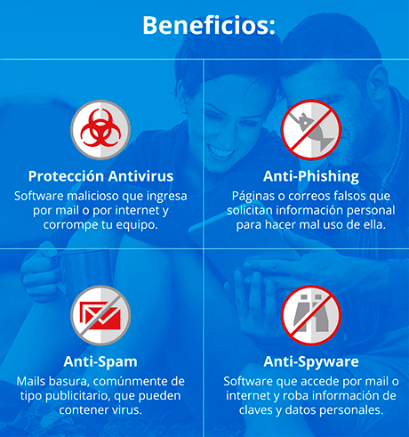 Beneficios: Protección antivirus, Anti-Phoshing, Anti-Spam, Anti-Spywere.