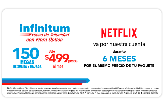 Infinitum exceso de velocidad con Fibra Óptica, En todos nuestros Paquetes, Netflix va por nuestra cuenta, 6 meses por el mismo precio.