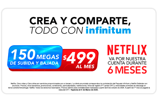 Infinitum exceso de velocidad con Fibra Óptica, En todos nuestros Paquetes, Netflix va por nuestra cuenta, 6 meses por el mismo precio.